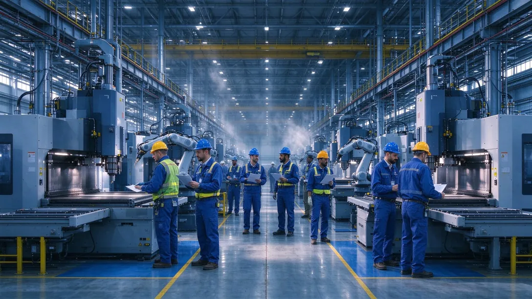 Výrobní hala HEATX Lab s CNC centry a pracovníky kontroly kvality